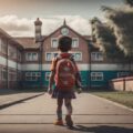 学校の前に立つ１人の少年