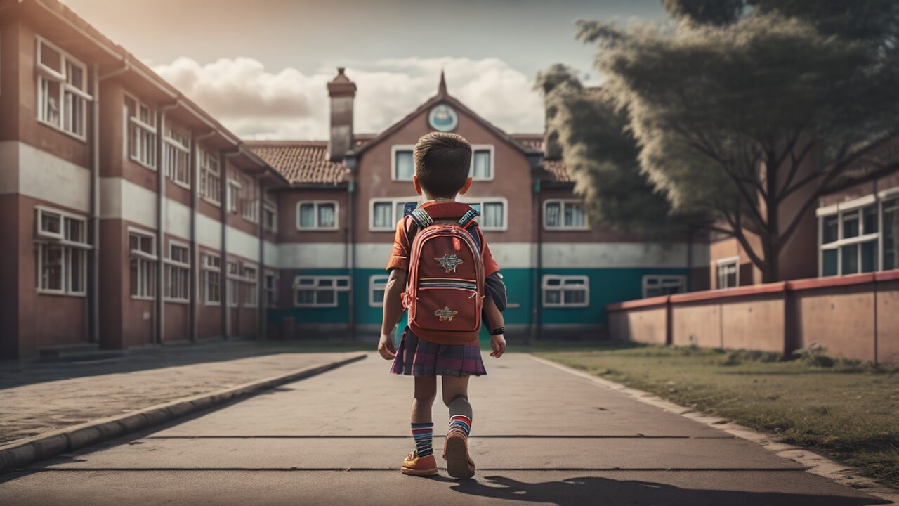 学校の前に立つ１人の少年